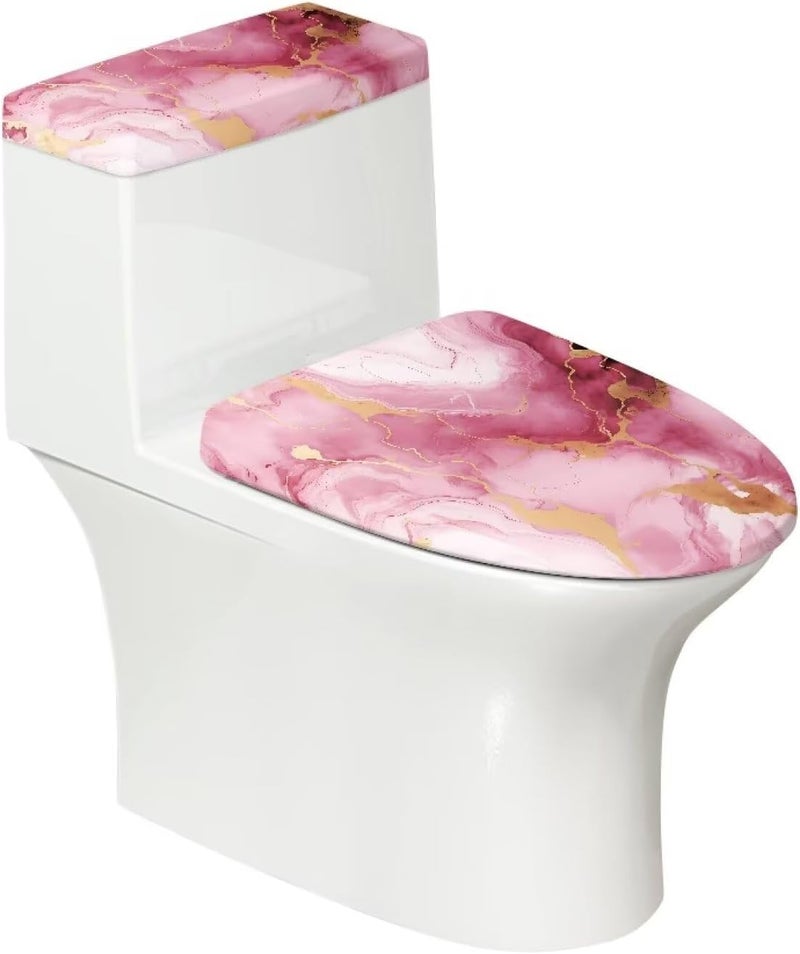 CREAMIC Pink Marble Print Toilet Lid Cover and Toilet Tank Cover 2Pcs Toilet Seat Cover and Tank Lid Covers Stretch Toilet Covers Set for Bathroom Fits Most Toilet Tanks & Lids - Image 2
